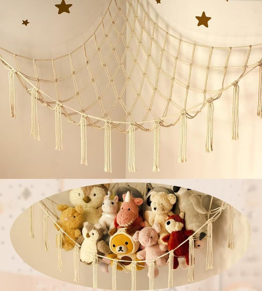 Stuffed Animal Storage Hammock or Net Corner - Large Toy Hammock Net for Stuffed Animals Room Decor - Cute Stuff Animal Organizer Plush Holder - Kids Baby Nursery Essentials Wall Bedroom Home Decor
