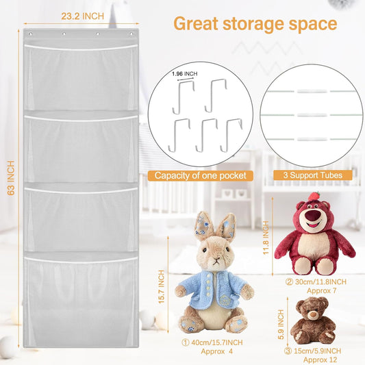 Hanging Stuffed Animal Storage, Over Door Large Plush Toy Organizer with Metal Hook, Baby Accessory Holder Idea for Nursery, Doll & Bear Mesh Hammock Bag for Girl Boy Kid Room