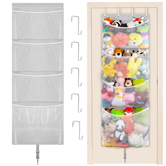 Hanging Stuffed Animal Storage, Over Door Large Plush Toy Organizer with Metal Hook, Baby Accessory Holder Idea for Nursery, Doll & Bear Mesh Hammock Bag for Girl Boy Kid Room